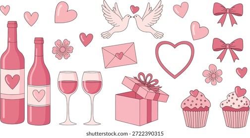 Una ilustración festiva de los Elementos del Día de San Valentín que incluyen vino, regalos, cupcakes y corazones