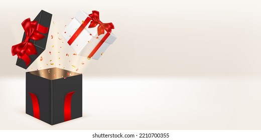 Festive illustration with white and black gift boxes with red ribbons and bows, pieces of serpentine fly out of it