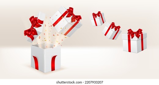 Ilustración festiva con cajas de regalo blancas con cintas y arcos rojos, trozos de serpentina salen de ella