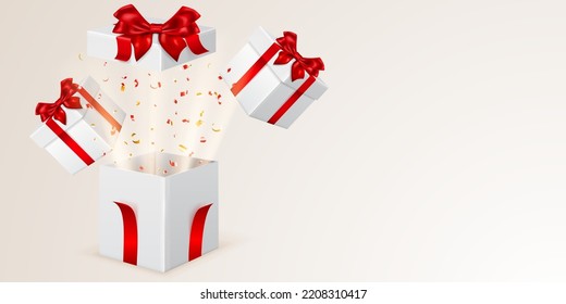 Ilustración festiva con cajas de regalo blancas con cintas y arcos rojos, trozos de serpentina salen de ella
