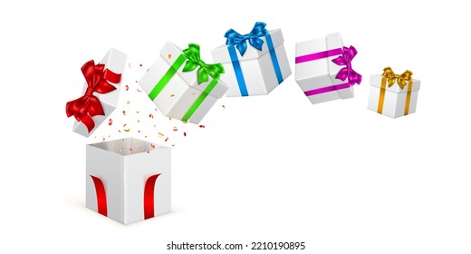Festive illustration with white gift boxes with colored ribbons and bows, pieces of serpentine fly out of it