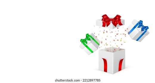 Festliche Illustration mit weißen Geschenkbox mit farbigen Bändern und Bögen, aus ihr fliegen Stück Serpentine