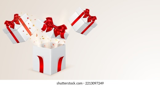 Ilustración festiva con cajas de regalo blancas con cintas y arcos rojos, trozos de serpentina salen de ella
