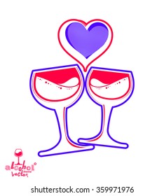 Festive illustration of wineglasses with elegant loving heart. Wedding concept,?? stylized goblets of wine. Graphic and web design stylized elements.