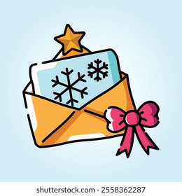 A festive illustration of a winter holiday greeting card inside an envelope tied with a bow.