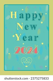 A festive illustration of the words Happy New Year 2024 with stars decor. The letters are green and yellow, and the numerals are red. The blue watercolor background with big yellow heart