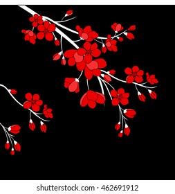 Festive illustrations. Branch of Japanese cherry blossoms with beautiful flowers.Sakura on black background