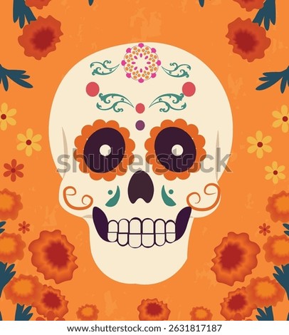 festive illustrations commemorating the Day of the Dead (Día de Muertos). 
 The designs  elaborately adorned sugar skulls (calaveras) as central figures, surrounded by bright orange marigold flowers