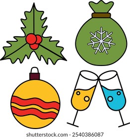 Festive illustrations featuring holly, a snowflake bag, a Christmas ornament, and clinking glasses, perfect for holiday-themed designs and celebrations.