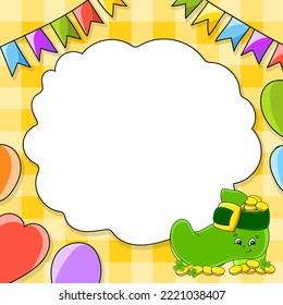 Festive image with copy space for text. cartoon character, balloons, garlands. For the design of greeting cards, birthdays, stickers. Vector illustration.