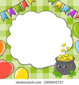 Festive image with copy space for text. cartoon character, balloons, garlands. For the design of greeting cards, birthdays, stickers. Vector illustration.