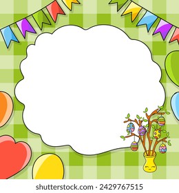 Festliches Bild mit Kopierraum für Text, Comic-Figur, Luftballons, Girlanden. Für die Gestaltung von Grußkarten, Geburtstagen, Aufklebern. Vektorgrafik.