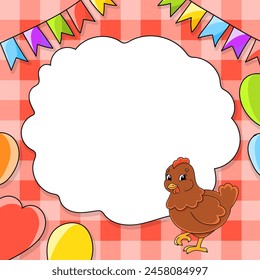 Festive image with copy space for text. cartoon character, balloons, garlands. For the design of greeting cards, birthdays, stickers. Vector illustration.