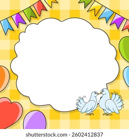Festive image with copy space for text. cartoon character, balloons, garlands. For the design of greeting cards, birthdays, stickers. Vector illustration.