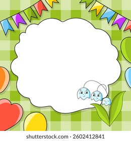 Festive image with copy space for text. cartoon character, balloons, garlands. For the design of greeting cards, birthdays, stickers. Vector illustration.