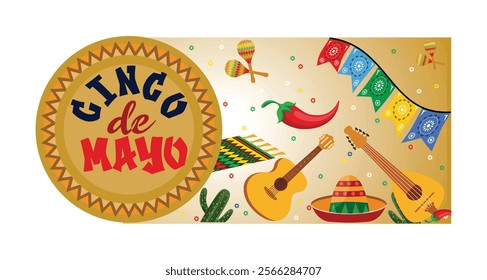 Festive image depicting the spirit of Cinco De Mayo with vibrant Mexican themed elements such as guitars, a sombrero, chili peppers, maracas, and traditional decorations. 