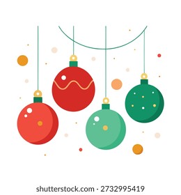 A festive image features red and green Christmas ornaments suspended by strings, accompanied by an array of colorful confetti dots scattered across a white space.