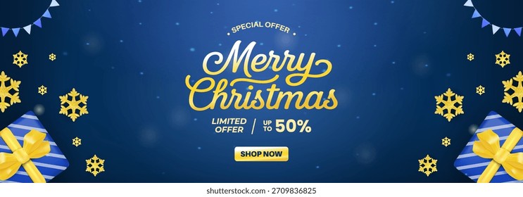 Festive image featuring a blue Christmas banner with gold snowflakes, wrapped gifts, and a bright Merry Christmas message. Ideal for seasonal promotions, sales campaigns, and holiday marketing.
