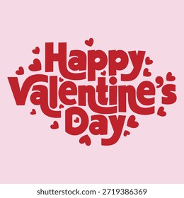 A festive image featuring the text 'Happy Valentine's Day' in a bold, red font. The text is surrounded by numerous small red hearts, creating a romantic and celebratory atmosphere. The background is a light pink color, enhancing the Valentine's Day theme.