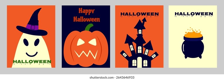 Imagens festivas criadas especialmente para o Halloween. O design apresenta símbolos clássicos do Halloween, incluindo uma abóbora, um fantasma amigável, uma casa assustadora e um caldeirão de poções.Ilustrações vetoriais