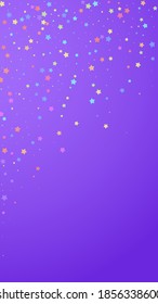 Festive imaginative confetti. Celebration stars. Colorful stars random on violet background. Good-looking festive overlay template. Vertical vector background.
