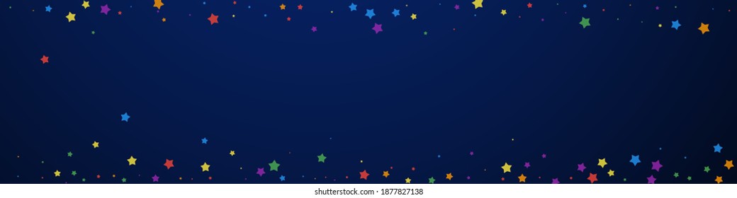 Festive imaginative confetti. Celebration stars. Joyous stars on dark blue background. Actual festive overlay template. Panoramic vector background.