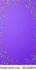Festive imaginative confetti. Celebration stars. Colorful confetti on violet background. Favorable festive overlay template. Vertical vector background.