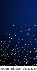 Festive immaculate confetti. Celebration stars. Colorful stars random on dark blue background. Graceful festive overlay template. Vertical vector background.