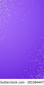 Festive impressive confetti. Celebration stars. Colorful stars small on violet background. Fine festive overlay template. Vertical vector background.