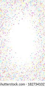 Festive impressive confetti. Celebration stars. Colorful stars on white background. Fascinating festive overlay template. Vertical vector background.