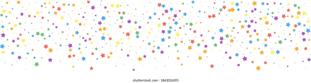 Festive impressive confetti. Celebration stars. Joyous stars on white background. Alluring festive overlay template. Panoramic vector background.