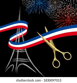 Festive inauguration in Paris, France with the cutting of a blue, white, red ribbon with scissors.