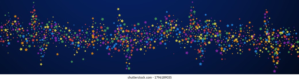 Festive incredible confetti. Celebration stars. Rainbow bright stars on dark blue background. Adorable festive overlay template. Panoramic vector background.