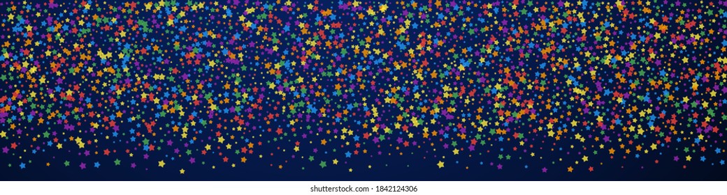 Festive incredible confetti. Celebration stars. Rainbow bright stars on dark blue background. Alluring festive overlay template. Panoramic vector background.