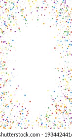 Festive incredible confetti. Celebration stars. Colorful confetti on white background. Fetching festive overlay template. Vertical vector background.