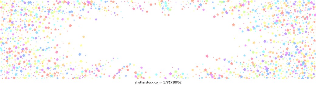Festive indelible confetti. Celebration stars. Colorful stars on white background. Amazing festive overlay template. Panoramic vector background.