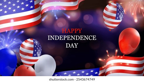 Festive Independence Day celebration with American flags, balloons, and fireworks against a dark background.