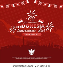 Festive Indonesia Independence Day 2025 greeting background with diverse famous landmarks, bunting decoration flag and fireworks. Best to celebrate 80th Anniversary of Republic Indonesia Merdeka 2025