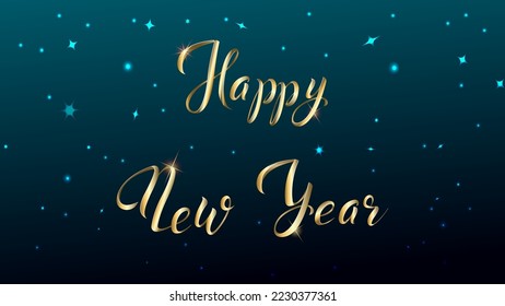 Festive inscription Happy New Year in the form of sparkling golden ribbons against the background of the starry sky. Can be used for greeting card, poster, banner, flyer, background