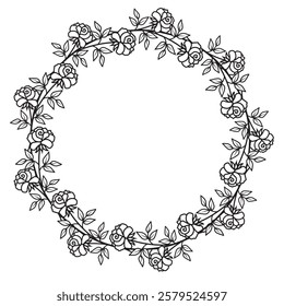 Festive Insulated Round Botanical Rose Frame in doodle style