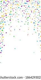 Festive interesting confetti. Celebration stars. Festive confetti on white background. Glamorous festive overlay template. Vertical vector background.