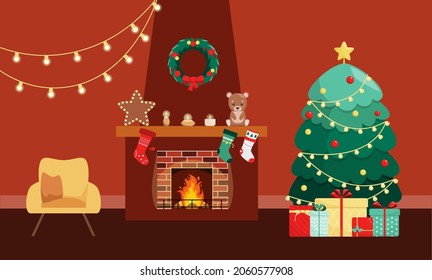 Festive interior of the living room with fireplace. Christmas decor. 