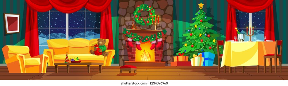 Festive interior of living room, new year. Christmas tree, gifts above fireplace for new year, festive table, beautiful furniture, fireplace, Christmas wreath, decorations. Vector illustration.