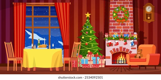 Festliches Interieur des Wohnzimmers, neues Jahr. Weihnachtsbaum, festlicher Tisch, Geschenke über Kamin für das neue Jahr, schöne Möbel, Kamin, Weihnachtskranz, Dekorationen. Vektorgrafik