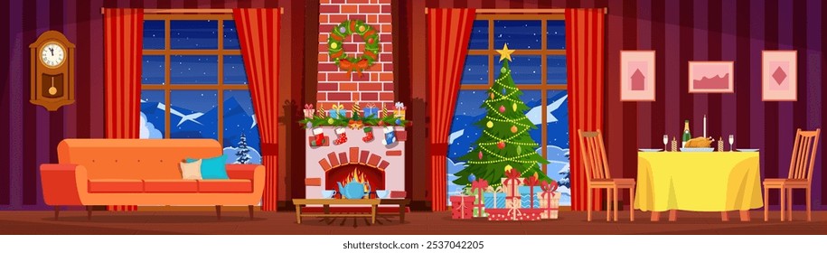 Festive interior of living room, new year. Christmas tree, festive table,gifts above fireplace for new year,beautiful furniture, fireplace, Christmas wreath, decorations. Vector illustration