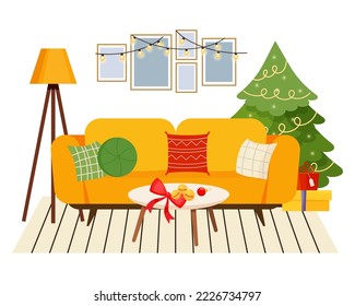 Festive interior for living room with sofa, floor lamp, paintings, Christmas tree. Coffee table with bow and balls on it for decoration. Vector elements for a festive background, banner, website