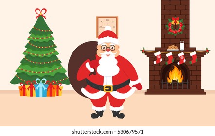 Festive interior of the room. Elegant Christmas tree, brick fireplace, Santa Claus with bag of gifts. Flat design. Vector.