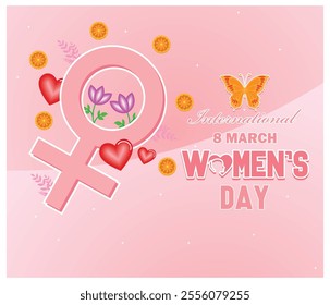 Festive International Women's Day featuring hearts and flowers on a pink background. Perfect for celebrating women's achievements and empowerment on March 8th. Flat vector modern illustration