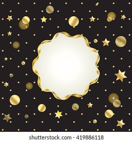 Festive invitation card. Black background with beautiful abstract confetti and gold frame for text. Vector Illustration.