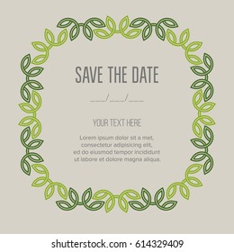 Festive invitation card with linear deciduous frame. Vector illustration